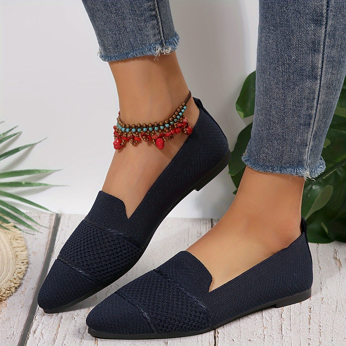 Women's Minimalist Slip-On Knitted Flats, Point Toe, Soft Sole Ballets, Lightweight Comfort