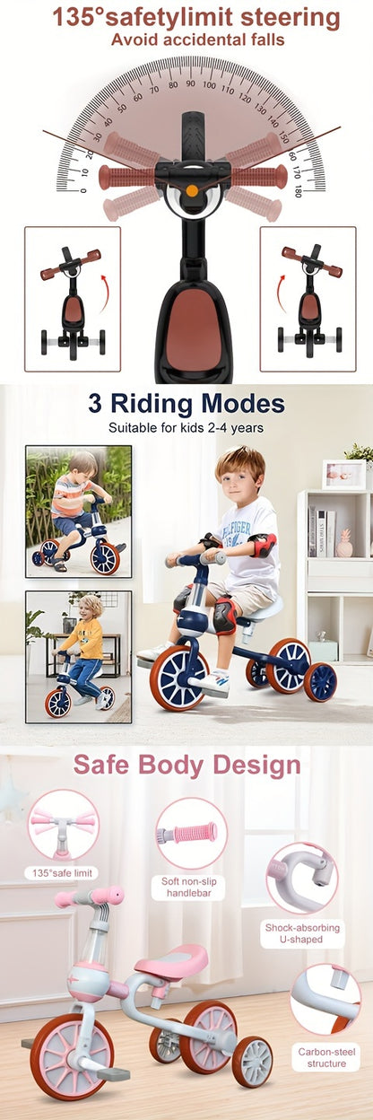 3-in-1 Kids Tricycles for 1-4 Years, Detachable Pedal & Training Wheels, Baby Balance Bike