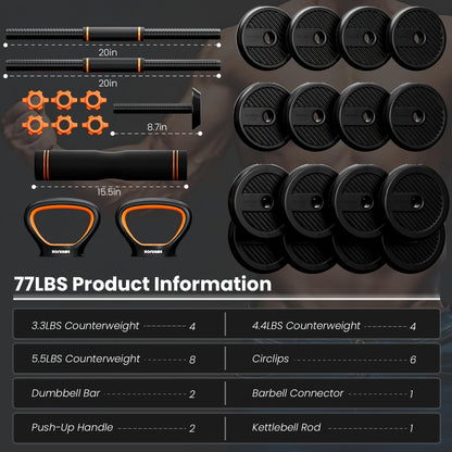 Adjustable 4-in-1 Dumbbell Set (77lbs/55lbs/33lbs) - Converts to Barbell, Kettlebells, Push-Up Stand - Home Gym Fitness Equipment for Men & Women - Hiccupzz