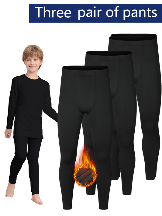 3-Piece Boys' Fleece-Lined Quick-Dry Leggings - Cozy, Stretchy & Warm for Fall/Winter, Soft Fleece & Polyester Blend, Perfect for Outdoor Play & Sports