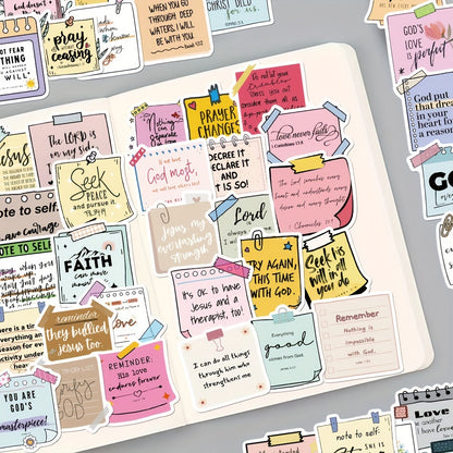 50pcs Bible Verse Sticky Notes – Waterproof PVC Self-Adhesive Christian Decals for Laptop, Notebook, Skateboard, and Luggage, Matte Finish, Irregular Shape, Single Use - Hiccupzz