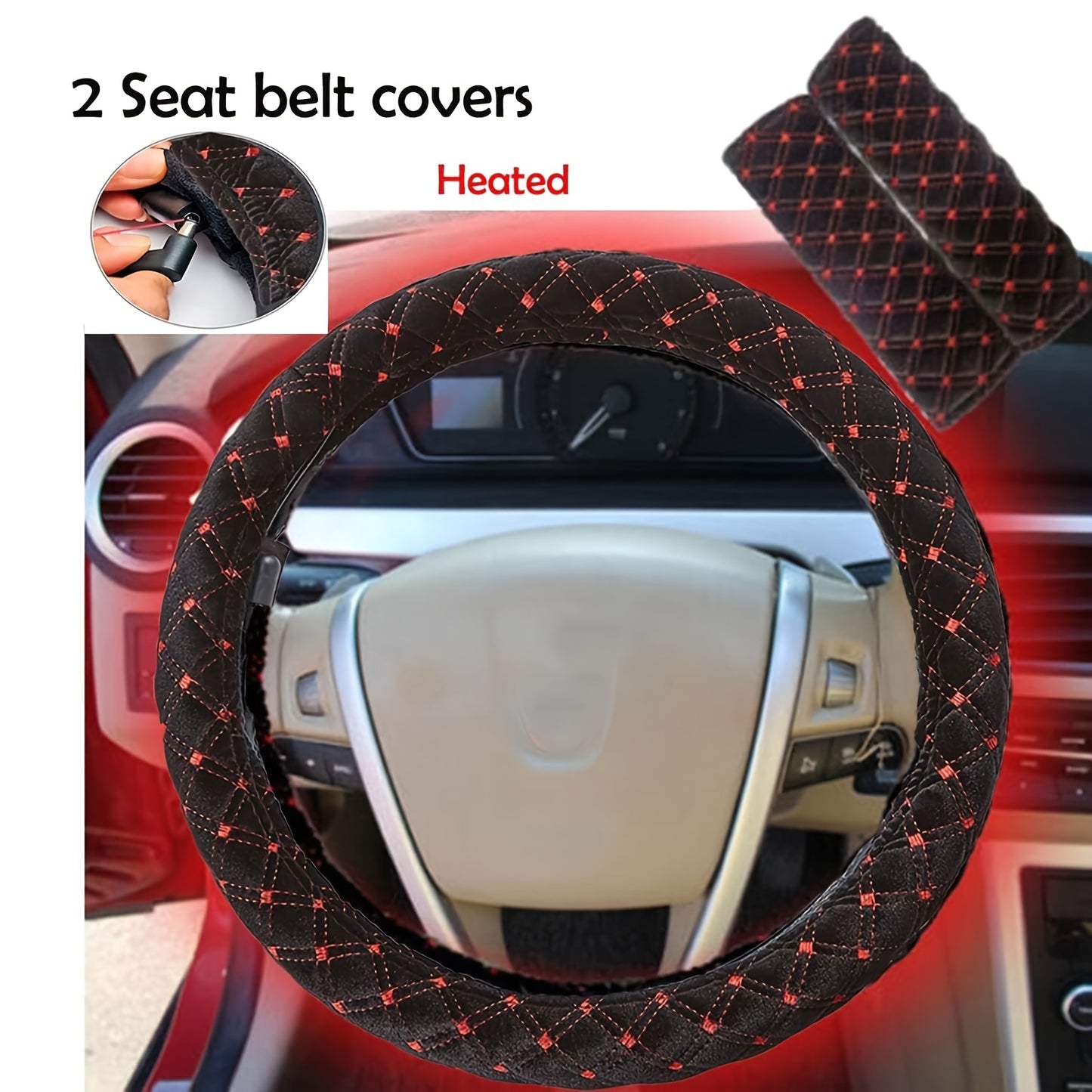 1 Pc Big Hippo 12V Heated Steering Wheel Cover with 2 Bonus Seatbelt Covers - Quick Heat, Thermo-Control, Anti-Slip, Breathable, Fits 14.5-15" Wheels