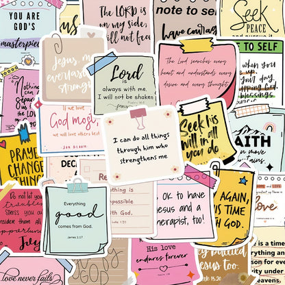 50pcs Bible Verse Sticky Notes – Waterproof PVC Self-Adhesive Christian Decals for Laptop, Notebook, Skateboard, and Luggage, Matte Finish, Irregular Shape, Single Use - Hiccupzz
