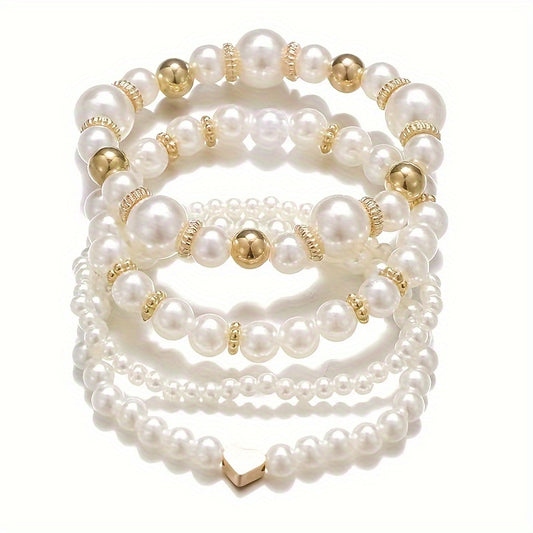 4-Piece Elegant Faux Pearl Beaded Bracelets – Women's Fashion Luxury Stackable Wristbands for Sophisticated Charm Jewelry