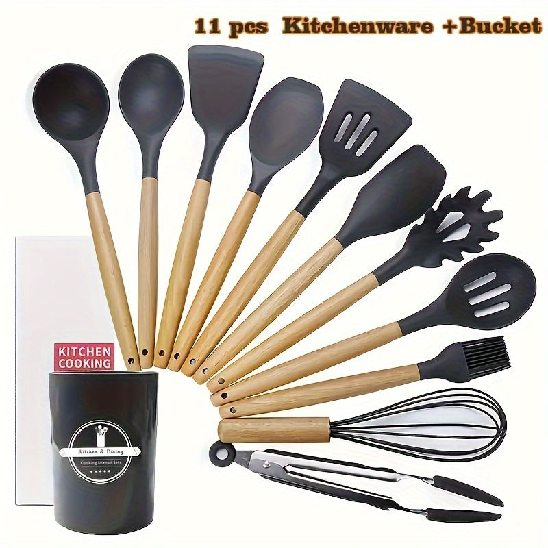 12pcs Non-Stick Silicone Kitchen Utensil Set with Wooden Handles - Safe, Easy to Clean, Ideal for Cooking and Baking