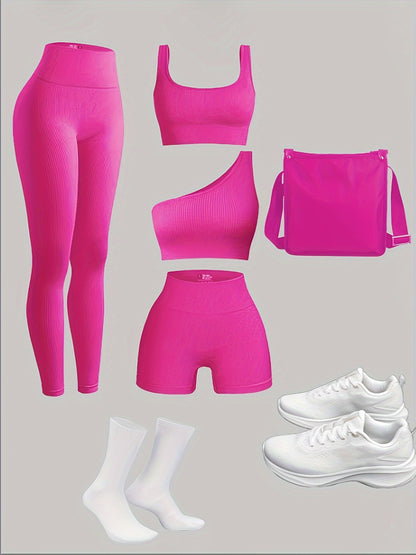 Women's 4-Piece Yoga Set, Sport Athletic Leggings, Sports Bra, Shorts, Fitness Gear For Gym And Outdoor Exercise (without Accesories) - Hiccupzz