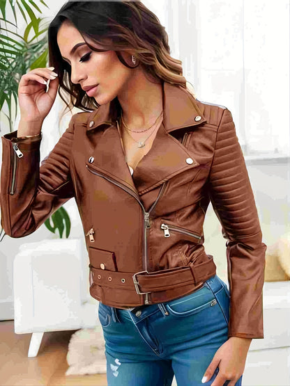 Women's Solid Biker Jacket - Long Sleeve Zipper Streetwear Outerwear - Hiccupzz