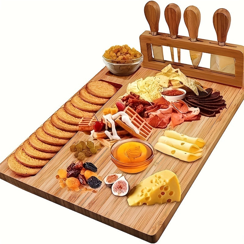 1 Set Bamboo Cheese Board Set, Cheese Tray, Charcuterie Board and Serving Meat Platter with 4 Stainless Steel Cheese Knives