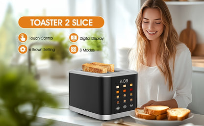 1 Pc Smart Digital Toaster - Touch Screen LCD Display, 6 Bread Types, 6 Shade Settings, 1.5" Wide Slots, Bagel/Defrost/Cancel Functions, 750-1000W, 2-Slice, US Plug, 110-130V