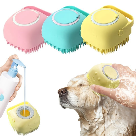 Gentle Silicone Pet Brush for Dogs and Cats – Massages and Cleans with Integrated Shower Gel Dispenser