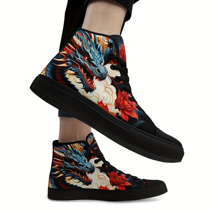 Men's Dragon Pattern High Top Skateboard Shoes - Non-Slip, Durable Lace-Up Sneakers - Hiccupzz