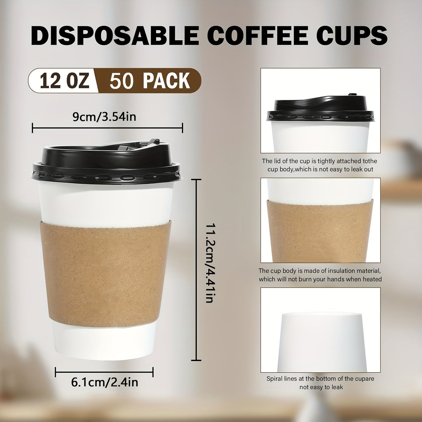 50-Pack Disposable Coffee Cups with Lids & Sleeves - 12/16 oz Eco-Friendly White Paper Cups, Black Lids for Hot Drinks, Tea, or Chocolate