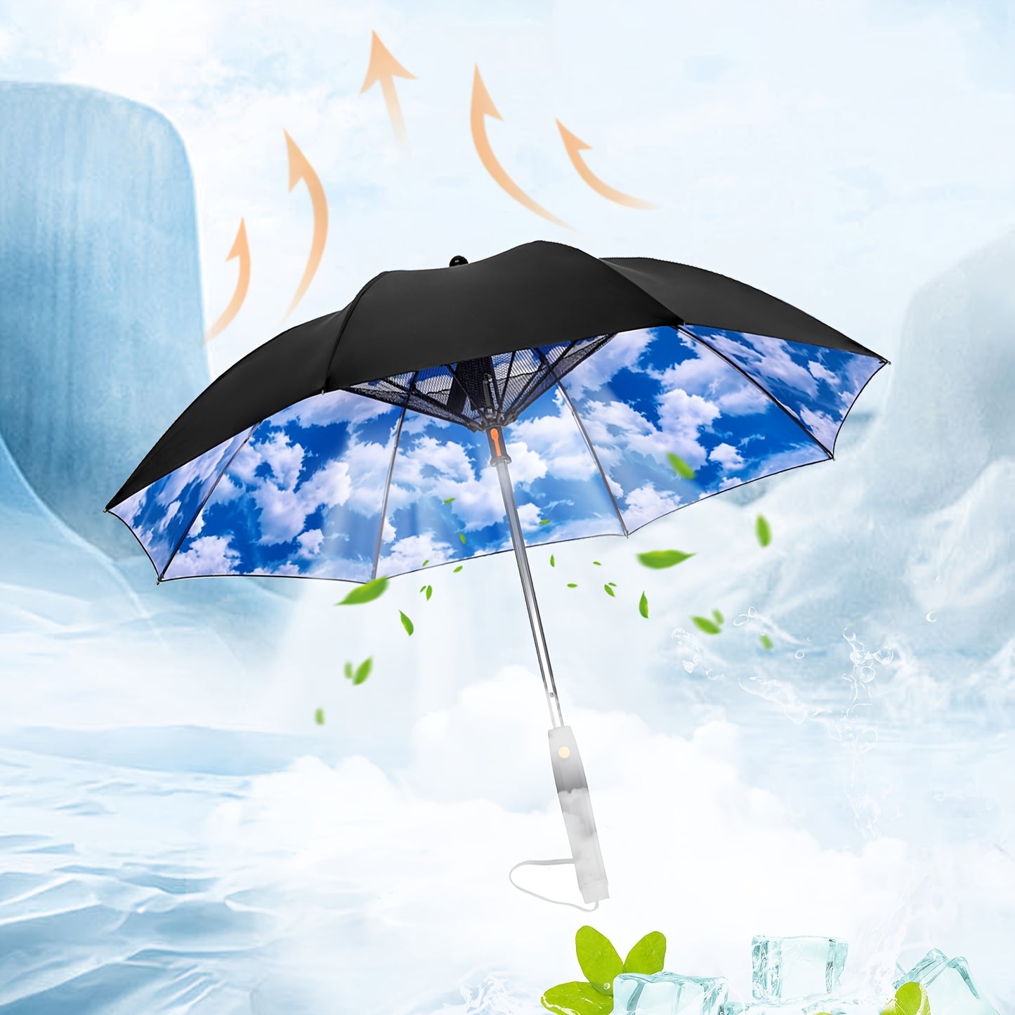 Cooling Umbrella with Fan and Spray Effect, Long Handle Umbrella with UV Protection