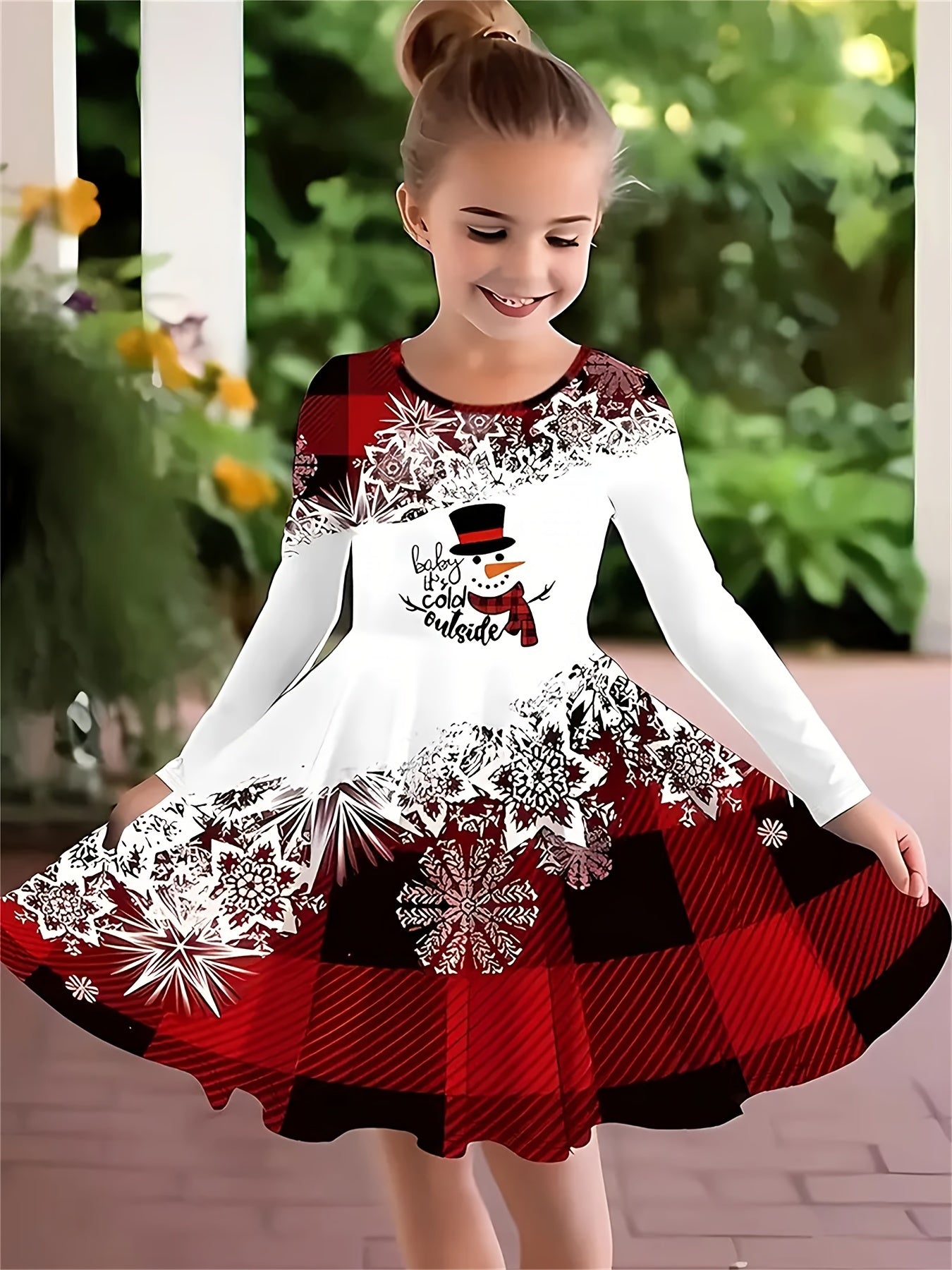 Girls' Long Sleeve Christmas Dress - Cute Cinched Waist, Big Swing Hem, Festive Print Design