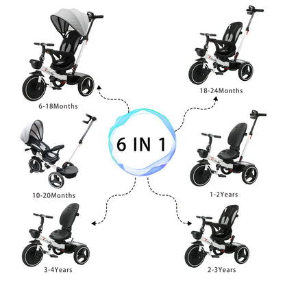 1 Pc 6-in-1 Baby Tricycle Push Bike, Steerable Stroller with Detachable Guardrail, Adjustable Canopy, Safety Harness, Folding Pedals, Storage Basket, Brake, and Shock Absorption