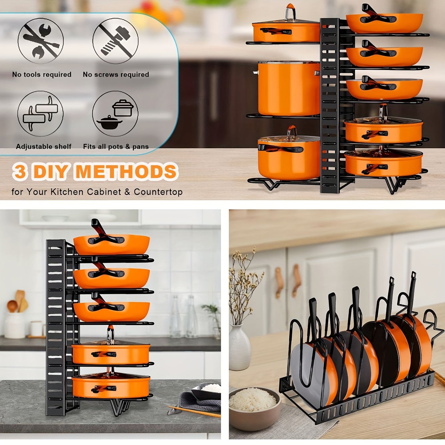 Pot Organizer Rack 8 Tiers Pots and Pans Organizer Kitchen Cabinet Storage Metal Holders