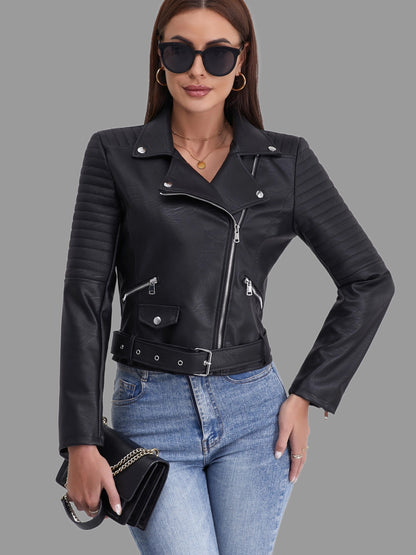Women's Solid Biker Jacket - Long Sleeve Zipper Streetwear Outerwear - Hiccupzz