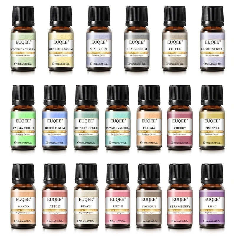 EUQEE Premium Fragrance Oils, 0.34oz Each, Variety Set, Long-Lasting Scents For Diffusers, Candles, Air Humidification - Lilac, Christmas Wreath, Forest Pine, Snickerdoodle, Warm Rustic Woods, Dragons Blood