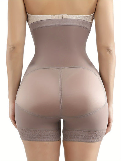 Women's Plus Simple Shapewear Shorts, Plus Size Contrast Lace Trim Front Closure Butt Lifting Thigh Slimmer Body Shaper - Hiccupzz