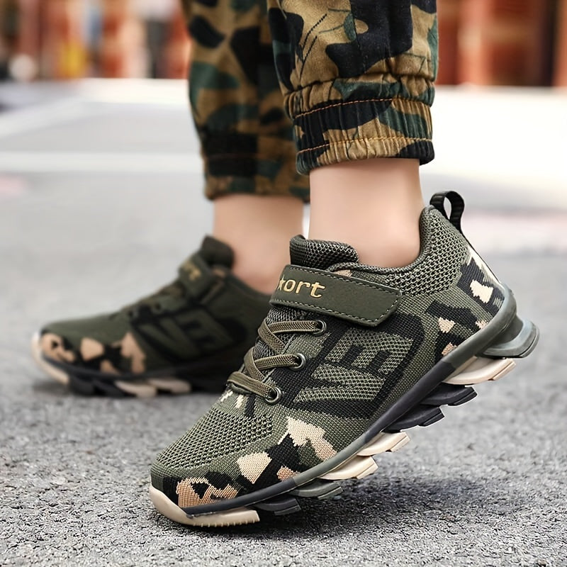 Boy's Trendy Camouflage Mesh Breathable Sneakers, Comfy Non-Slip Soft Sole Running Shoes