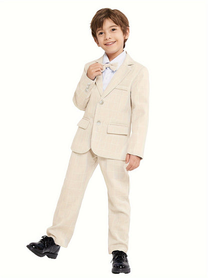 3-Pcs Boys Formal Plaid Gentleman Outfit Set, Long Sleeve Blazer, Bowtie, Pants - Hiccupzz