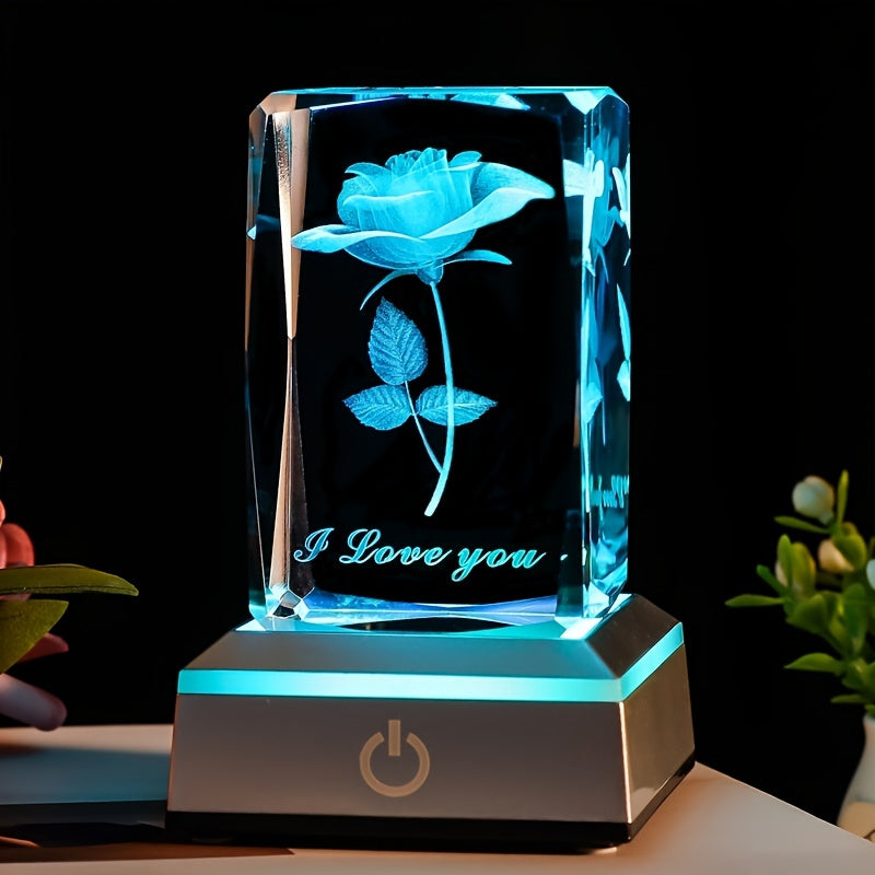 1 Pc 3D Rose Crystal with LED Color Lamp - Perfect Gift for Mother's Day, Birthday, and Anniversaries