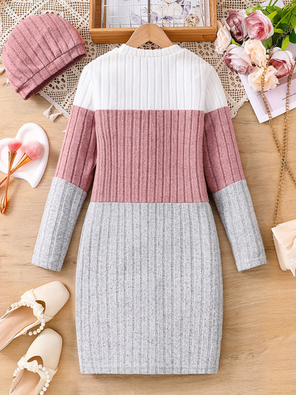 Tween Girls Elegant & Stylish Long Sleeve Color Contrast Ribbed Knitted Dress For Fall & Winter Outdoors - Hiccupzz