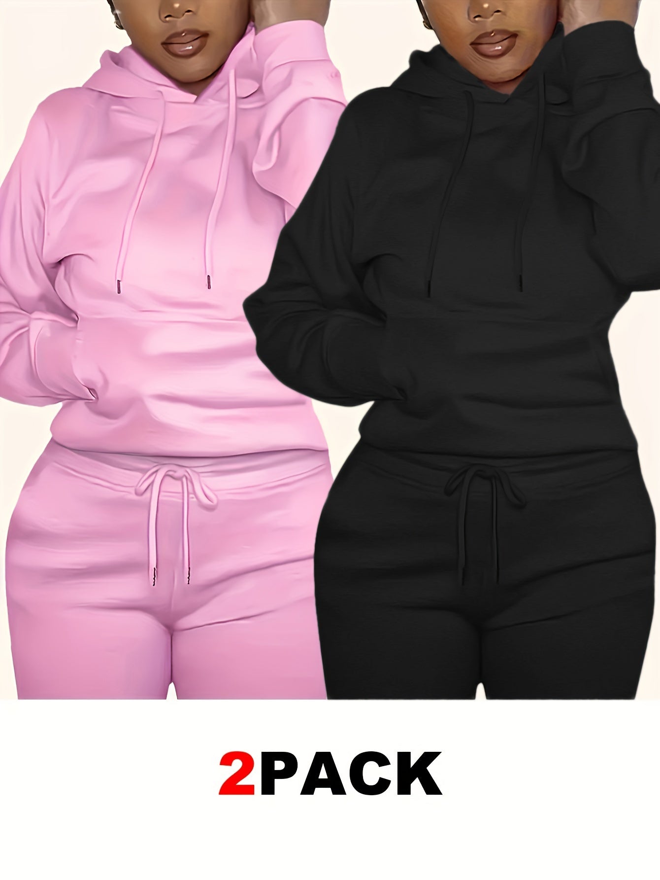 2-pack Women's Solid Drawstring Hoodies, Long Sleeve Kangaroo Pocket Sweatshirt for Fall & Winter