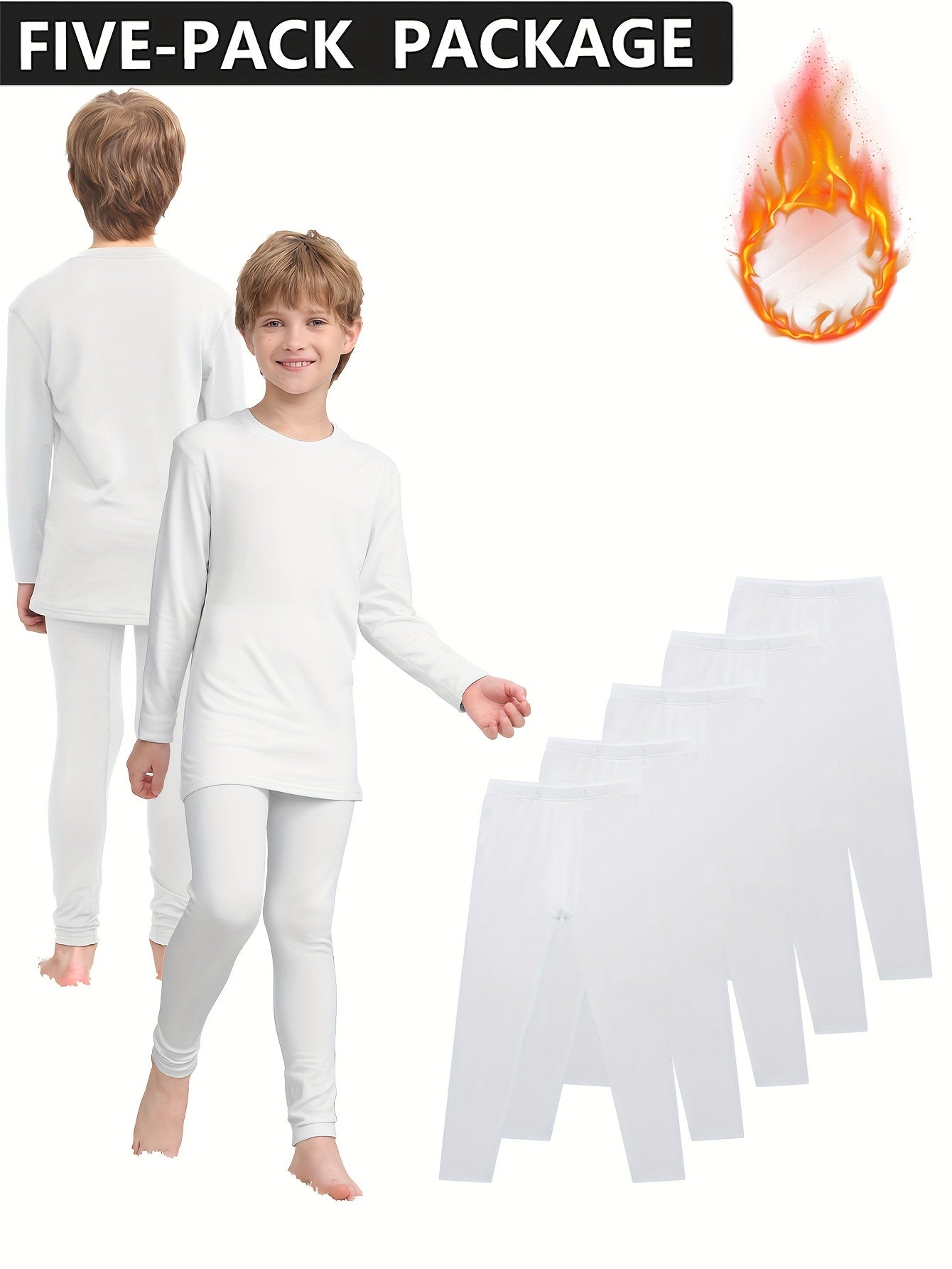 5-Pack Boys' Thermal Leggings - Solid Color, Medium Stretch, Skinny Fit, Comfortable & Soft