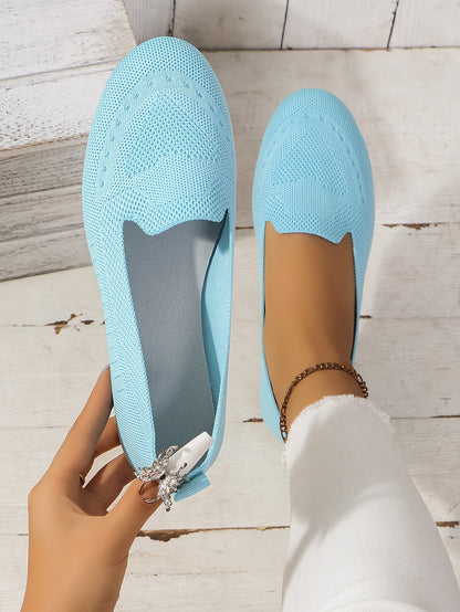 Women's Black Slip-On Flats - Breathable Knitted Round Toe Non-Slip Casual Lightweight Walking Shoes - Hiccupzz