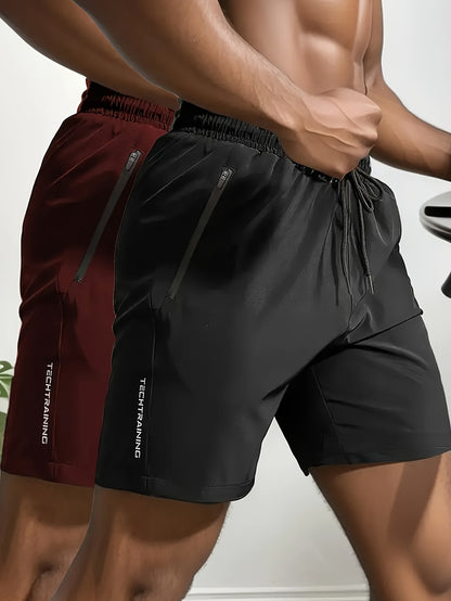 2pcs Men's Letter Print Casual Shorts With Pockets, Sporty Style Elastic Waist Bottoms, Men's Clothing For Summer Gym Workout - Hiccupzz