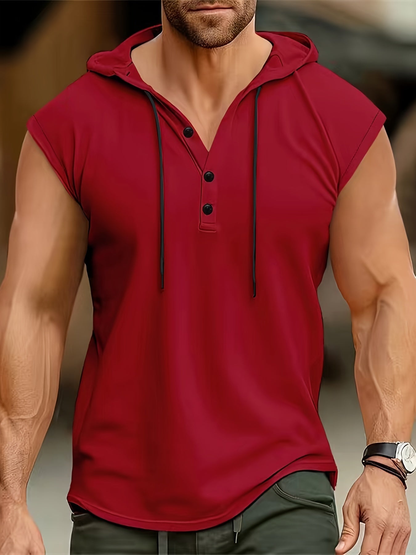 Men's Solid Color Henley Hooded Tank - Summer Fitness & Sports Wear