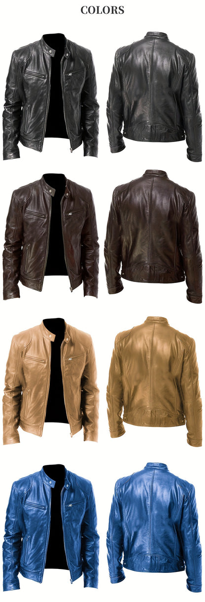 Men's PU Leather Motorcycle Jacket with Zipper Pockets, Autumn/Winter Stand Collar Cardigan Coat - Hiccupzz