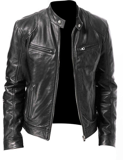European & American Men's Leather Jacket - Youth Punk Stand-Up Collar Motorcycle Jacket with Logo