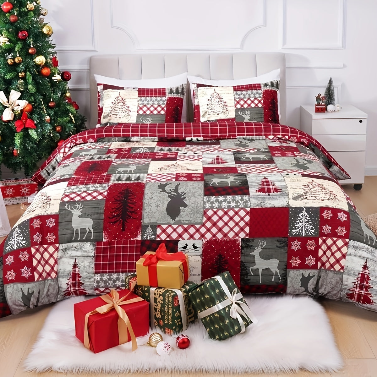 3 Pcs Christmas Duvet Cover Set - Queen & King Sizes, Red Buffalo Plaid Comforter with Zipper Closure, Includes 1 Duvet Cover & 2 Pillow Shams