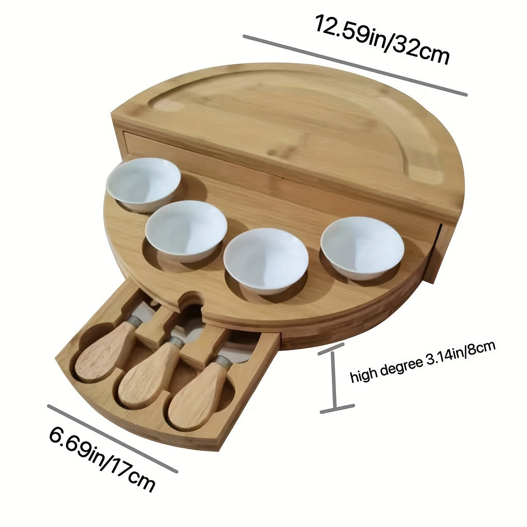 1 Set Bamboo Cheese Board with Slide-Out Drawer & Foldable Storage