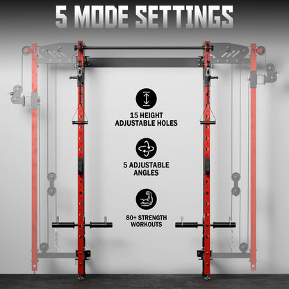 Wall Mounted Folding Squat Rack with Cable Crossover & LAT Pull Down, 5 Adjustable Modes, Space-Saving Home Gym Trainer - Hiccupzz