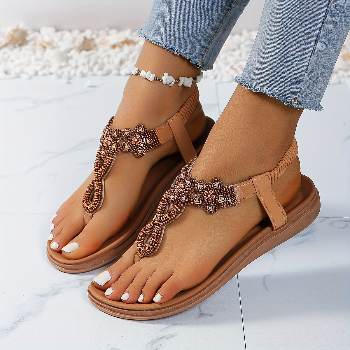 Women's Boho Style Flat Thong Sandals, Casual Clip Toe Elastic Band Summer Shoes, Lightweight Outdoor Beach Sandals for Holiday - Hiccupzz