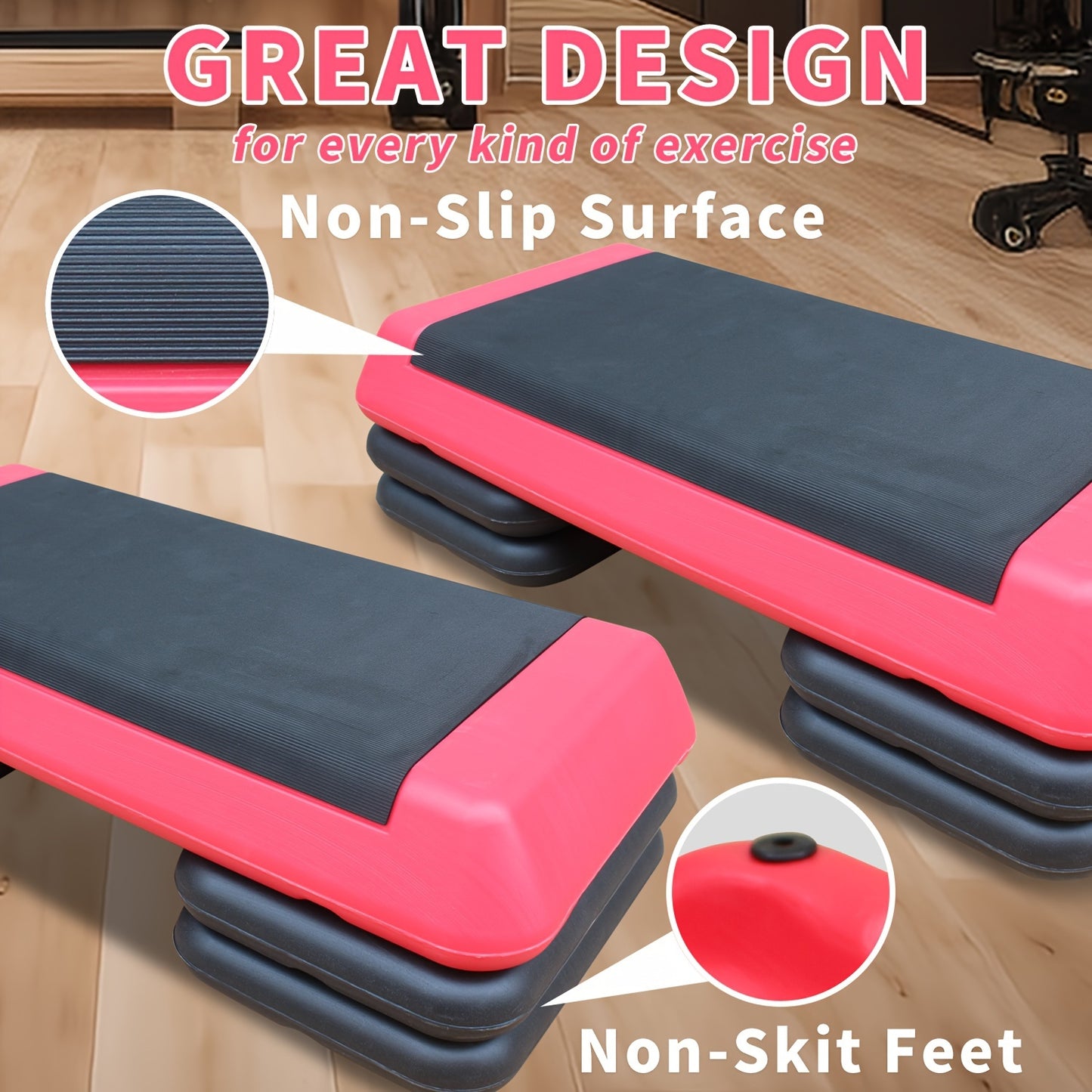 Adjustable Workout Aerobic Stepper in Fitness & Exercise Step Platform Trainer Red Black with 2/4 Risers