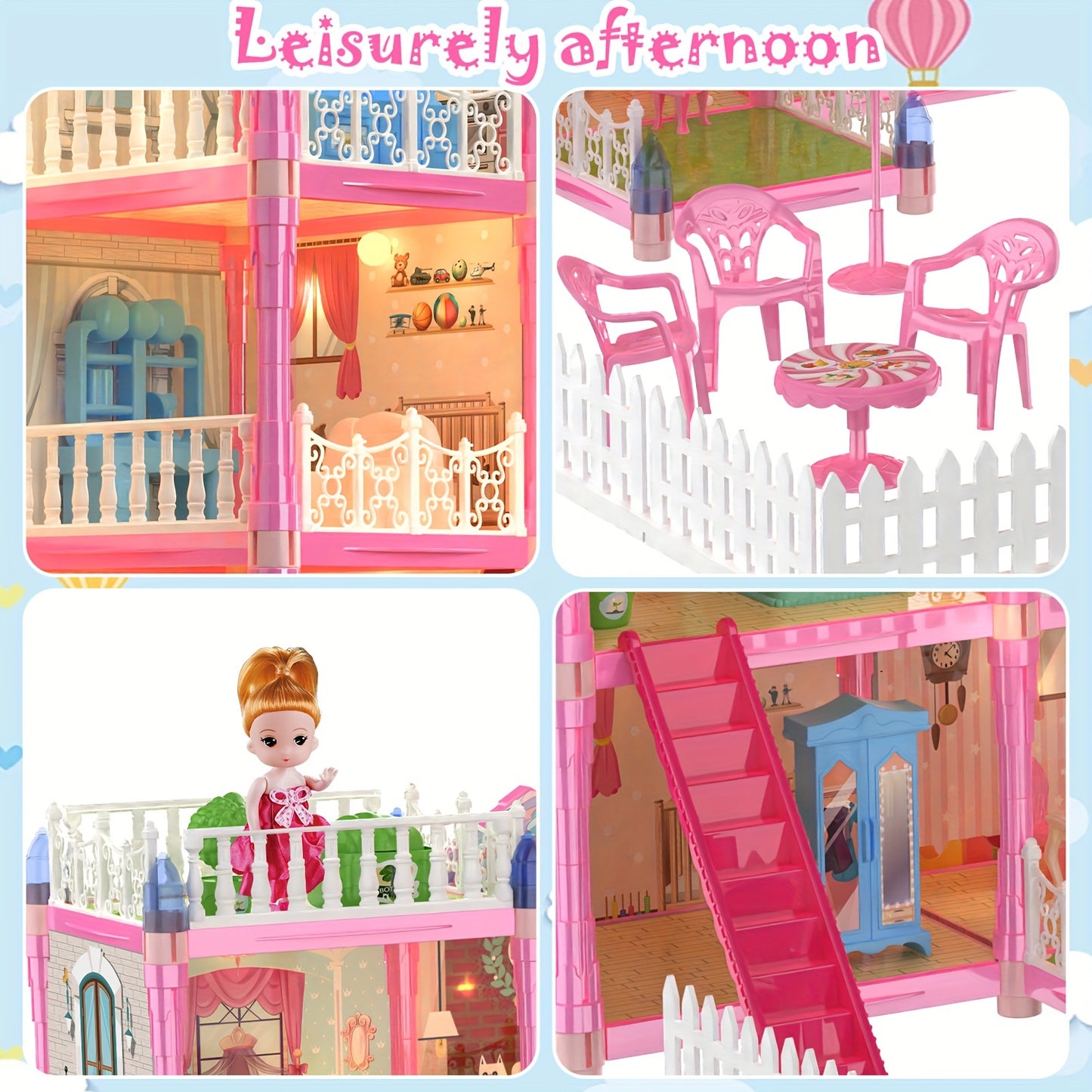 374 Pcs 15 Rooms Doll House For Girls, Princess Playhouse With Lights, Dolls Furniture Accessories,