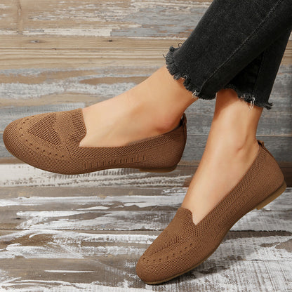 Women's Black Slip-On Flats - Breathable Knitted Round Toe Non-Slip Casual Lightweight Walking Shoes - Hiccupzz