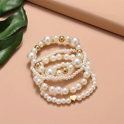 4-Piece Elegant Faux Pearl Beaded Bracelets – Women's Fashion Luxury Stackable Wristbands for Sophisticated Charm Jewelry - Hiccupzz