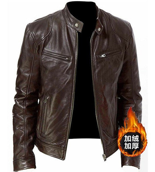 European & American Men's Leather Jacket - Youth Punk Stand-Up Collar Motorcycle Jacket with Logo