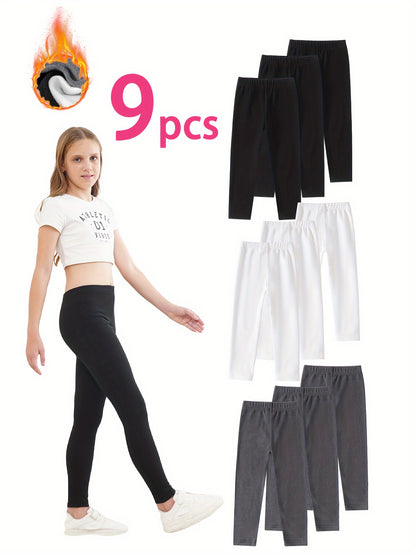 9 Pcs girls' velvet thermal leggings set, solid color, high stretch, comfortable warm pants - Hiccupzz