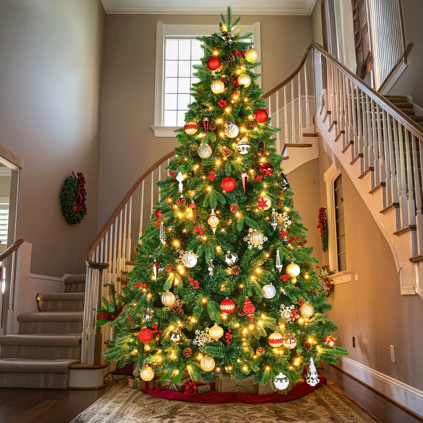 8 Ft/9 Ft Pre-Lit Artificial Christmas Tree with Warm White Light, Pine Cones & Red Berries