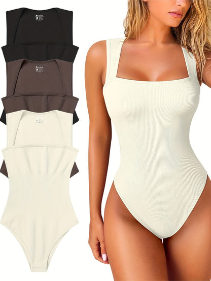 OQQ 3 Piece Bodysuits For Women Sexy Ribbed Strappy Square Neck Stretch Tank Tops Bodysuits - Hiccupzz