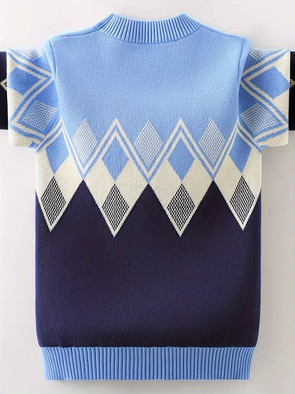 Boys Jacquard Sweater, Warm, Stretchy, Round Neck, Long Sleeve - Hiccupzz