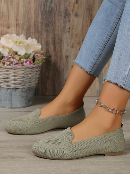 Women's Black Slip-On Flats - Breathable Knitted Round Toe Non-Slip Casual Lightweight Walking Shoes - Hiccupzz