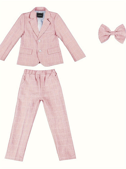 3-Pcs Boys Formal Plaid Gentleman Outfit Set, Long Sleeve Blazer, Bowtie, Pants - Hiccupzz