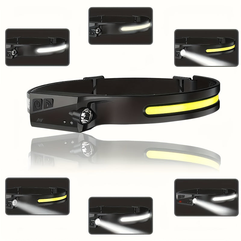 Ultra-Bright COB Headlamp with Motion Sensor, Gesture Control-USB Rechargeable Flashlight, 230° Wide Beam